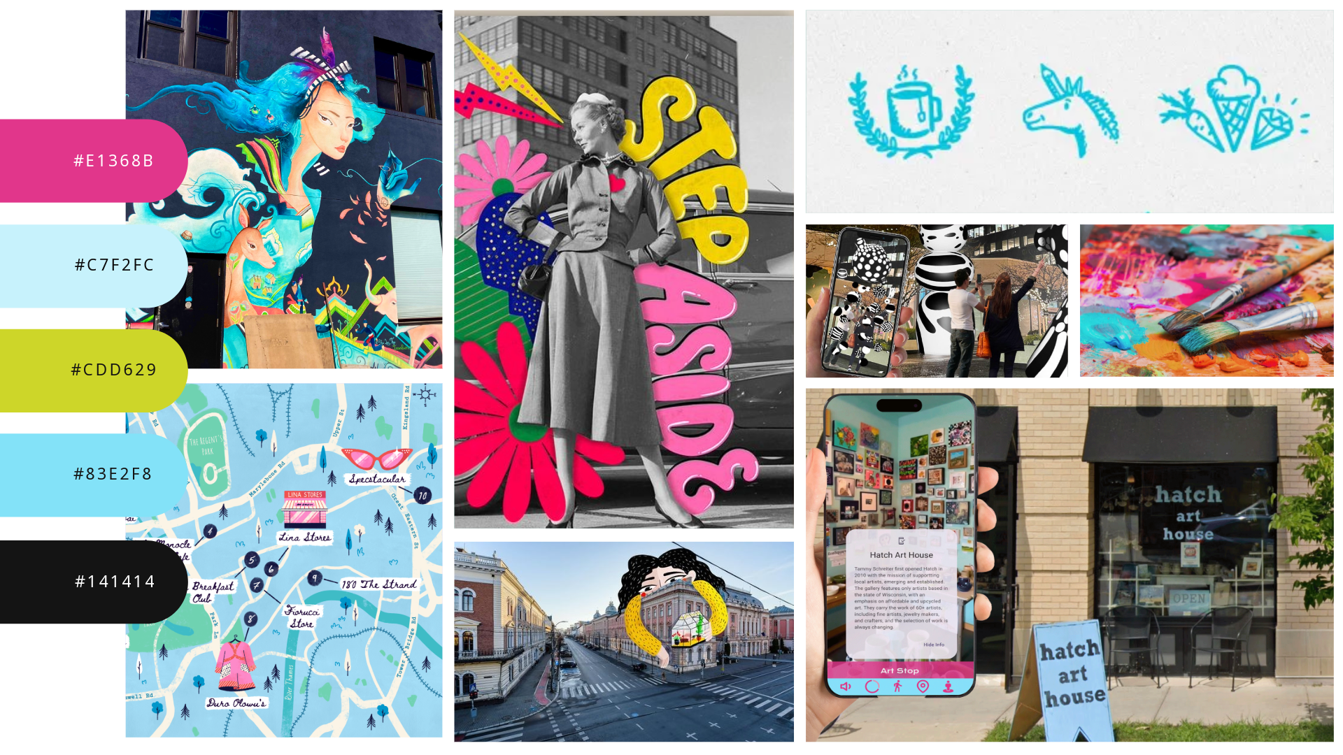 a brightly colored mood board featuring art supplies, street art, and playful typography