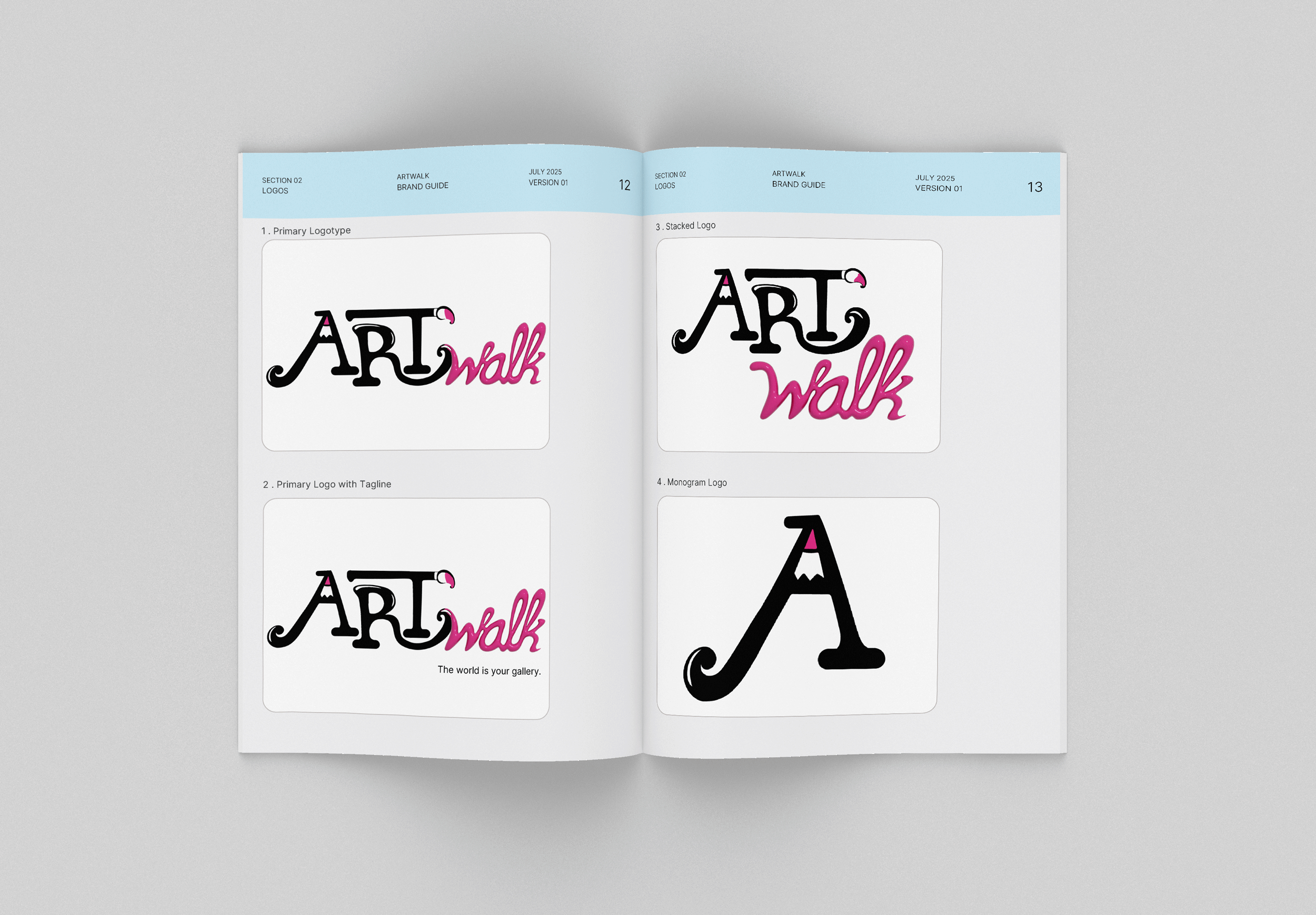ArtWalk logo in black and hot pink color variation in an open book