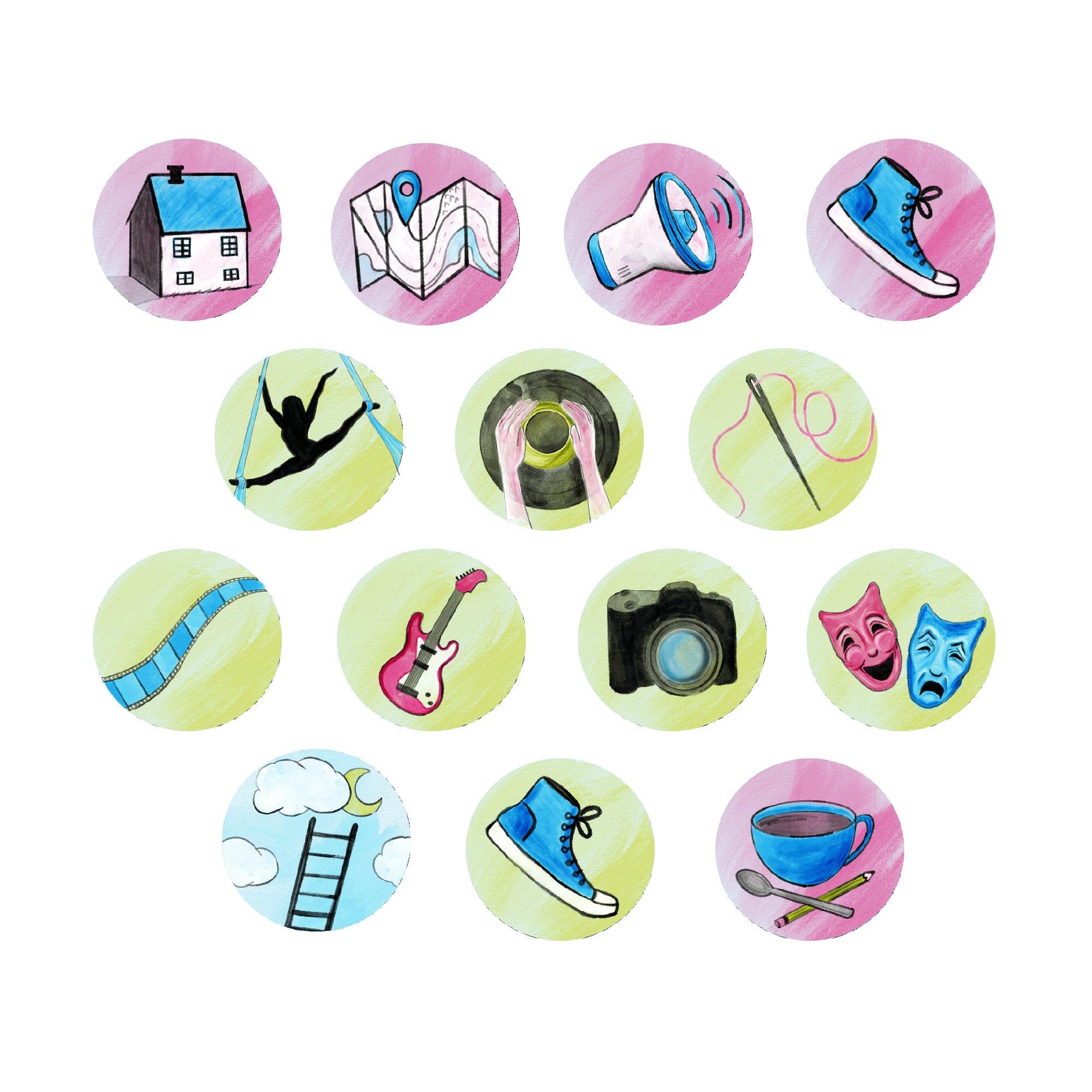Images of the hand illustrated icons and the buttons used in the ArtWalk app