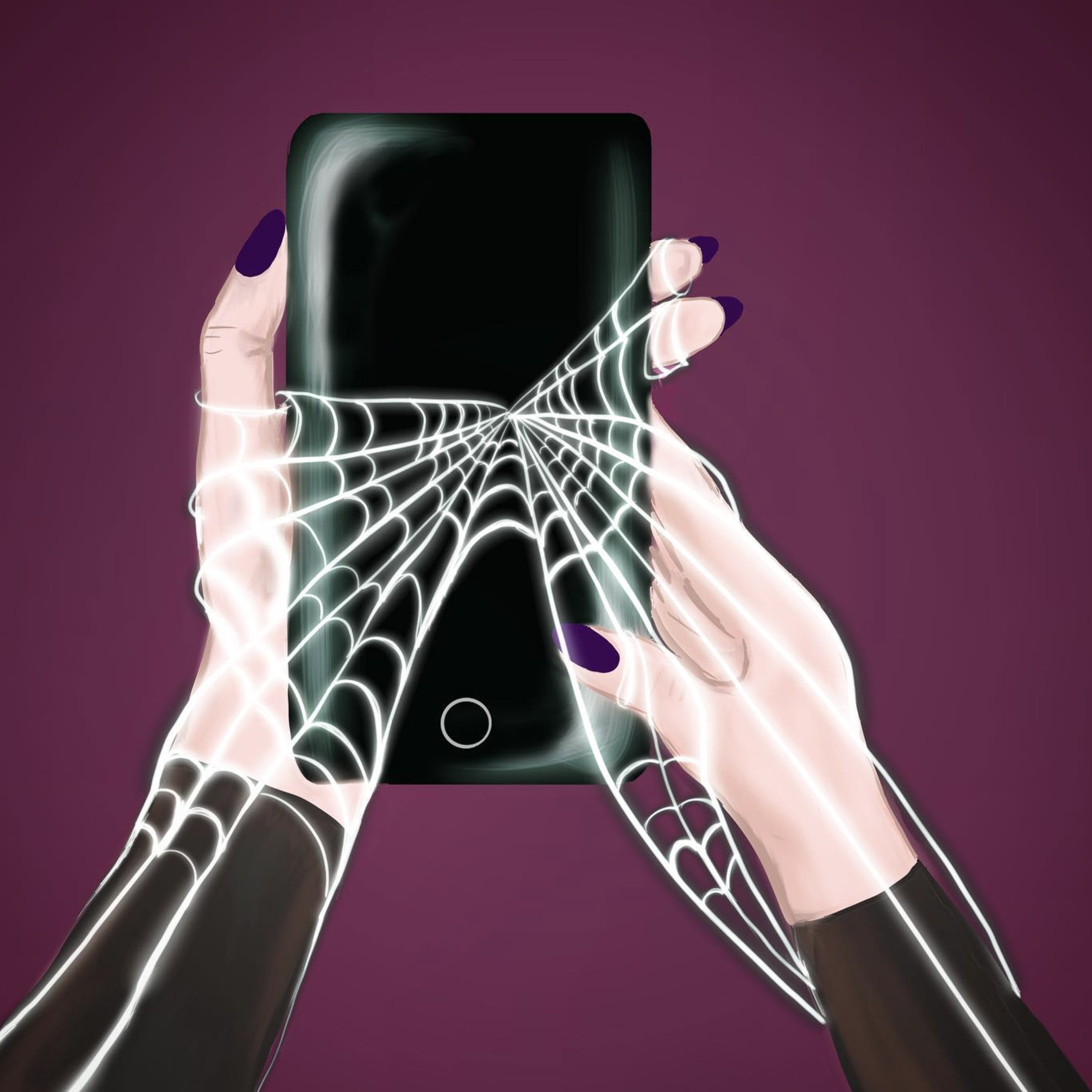 an illustration of a woman caught in a web which is coming from her smart phone
